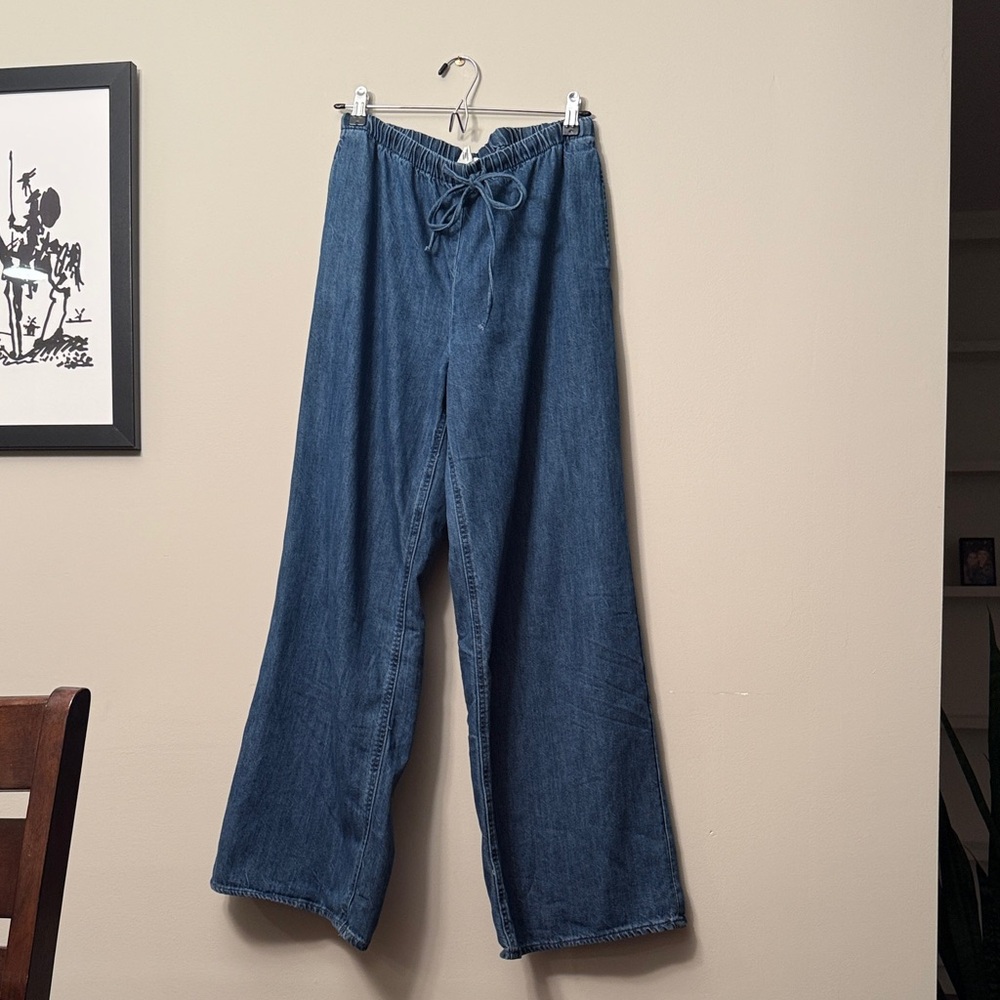 H&M Tie Waist Blue Wide-Leg Cotton Pants